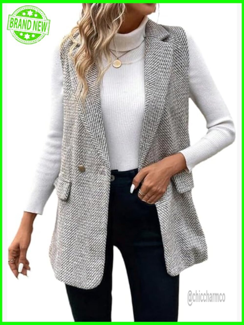 Herringbone Print Vest Double Breasted Sleeveless Blazer Jacket